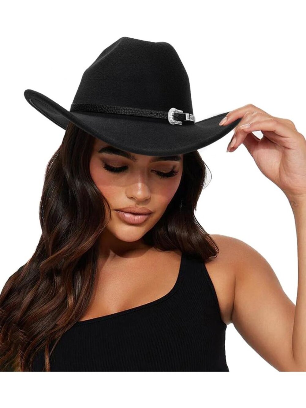 Womens a-Black Western Cowboy and Cowgirl Fedoras Hat Belt Buckle (Size:Medium)